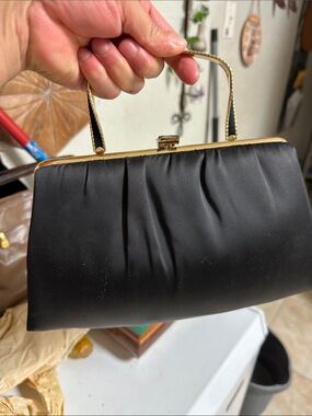 Black Satin Evening Clutch with Gold Frame